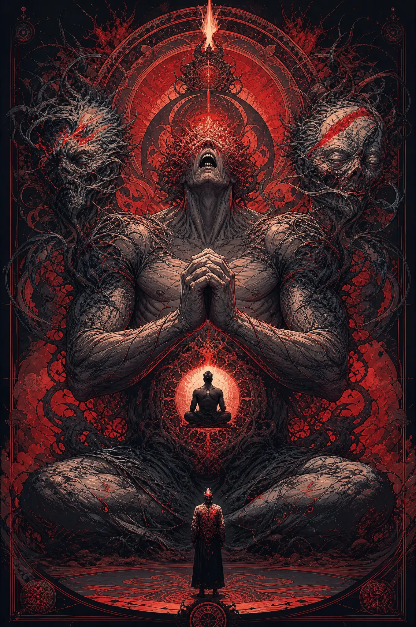 Colossal praying humanoid torn between agony and inner calm