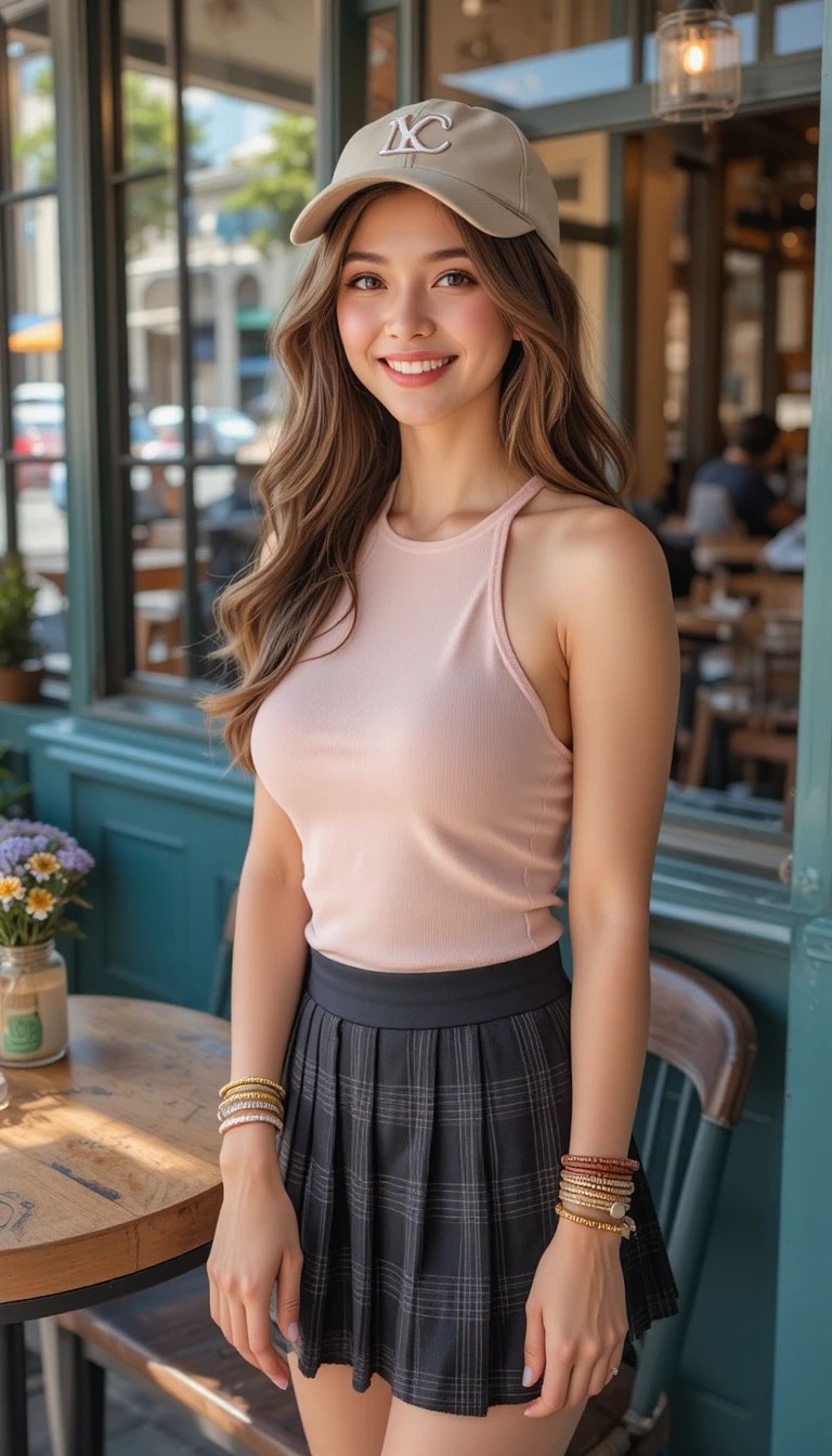 Smiling woman in preppy outfit at cozy cafe
