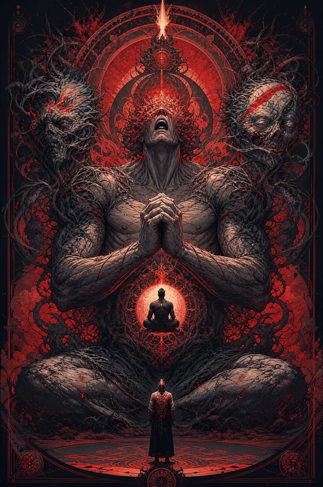 Colossal praying humanoid torn between agony and inner calm