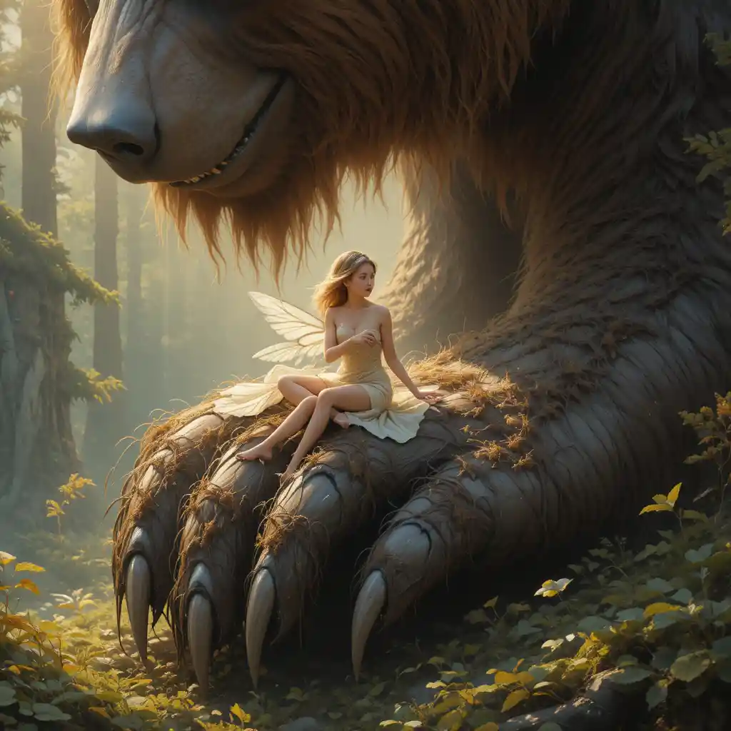 Fairy playing flute on a gentle bear paw in forest light