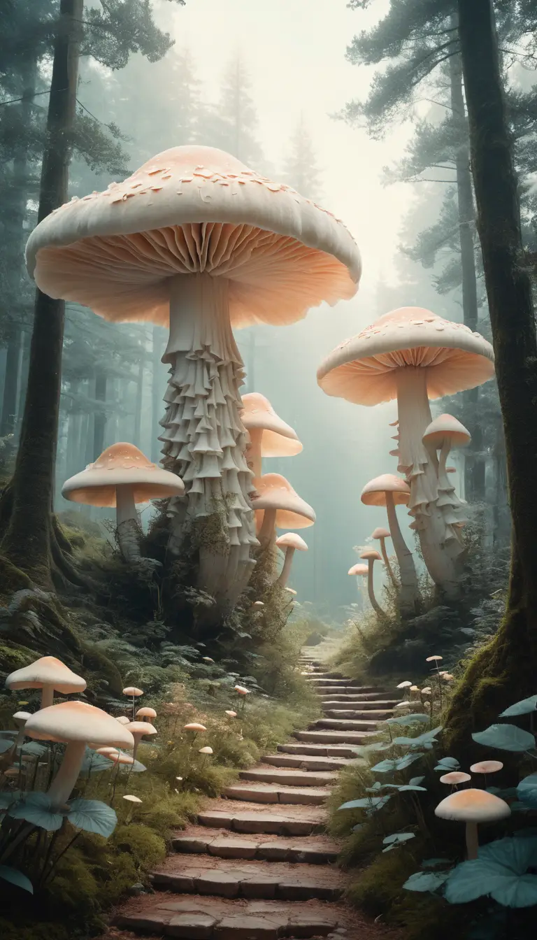 Surreal Giant Mushrooms Rising Over A Winding Forest Path