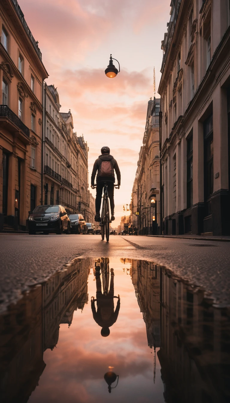 Cyclist Reflected In Puddle On European Street At Dusk