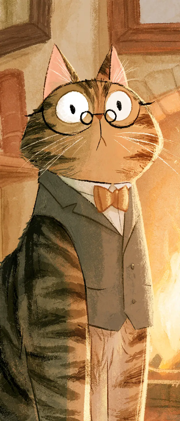 Regal tabby cat in waistcoat by a cozy cottage fireplace