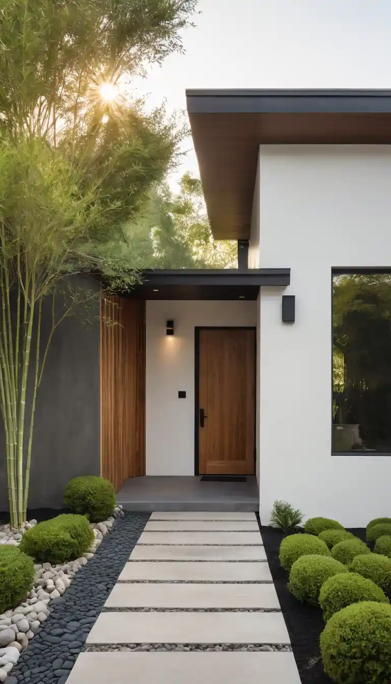 Modern minimalist house exterior in warm evening light