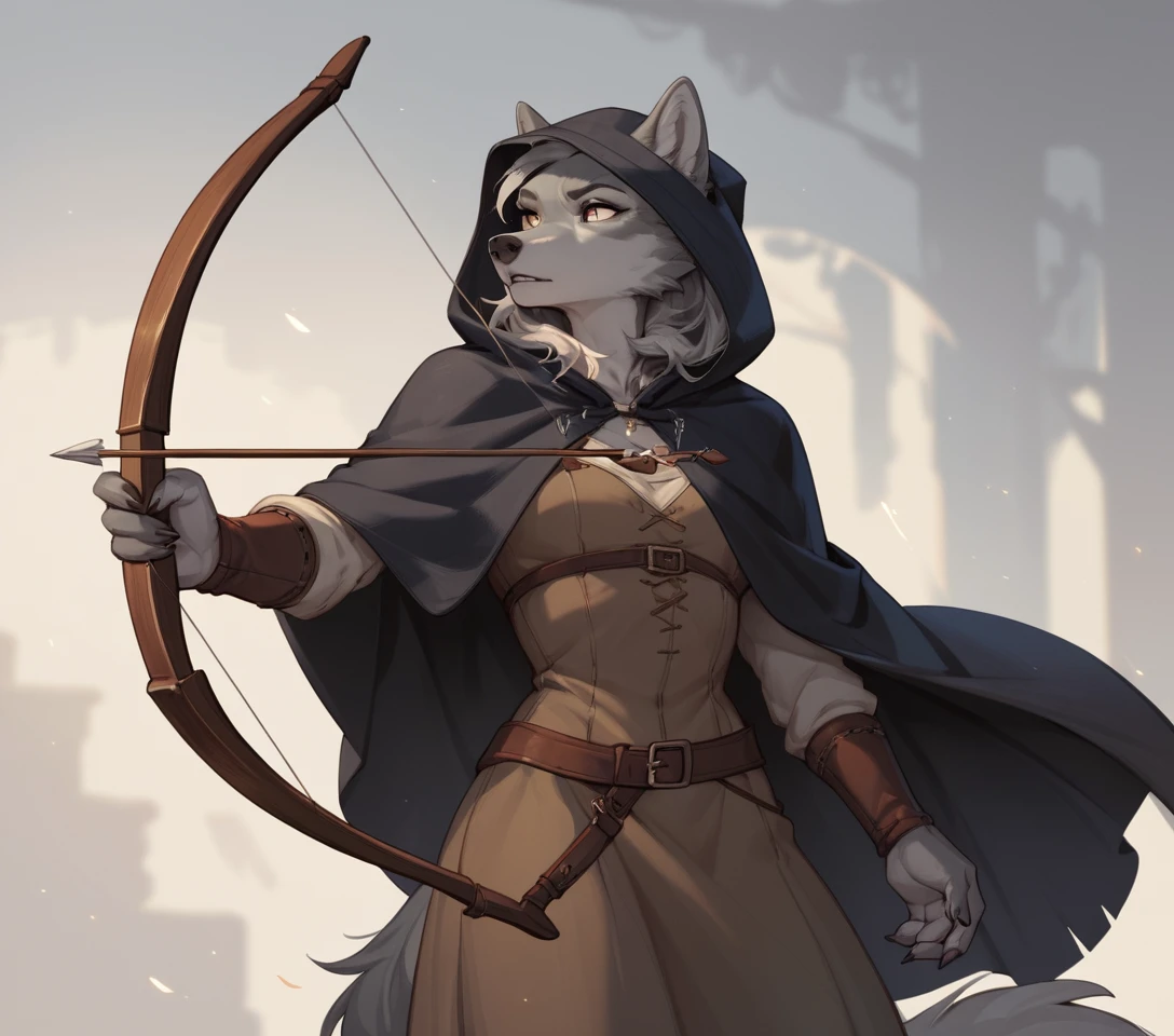 Anthropomorphic wolf archer in a cloak drawing her bow