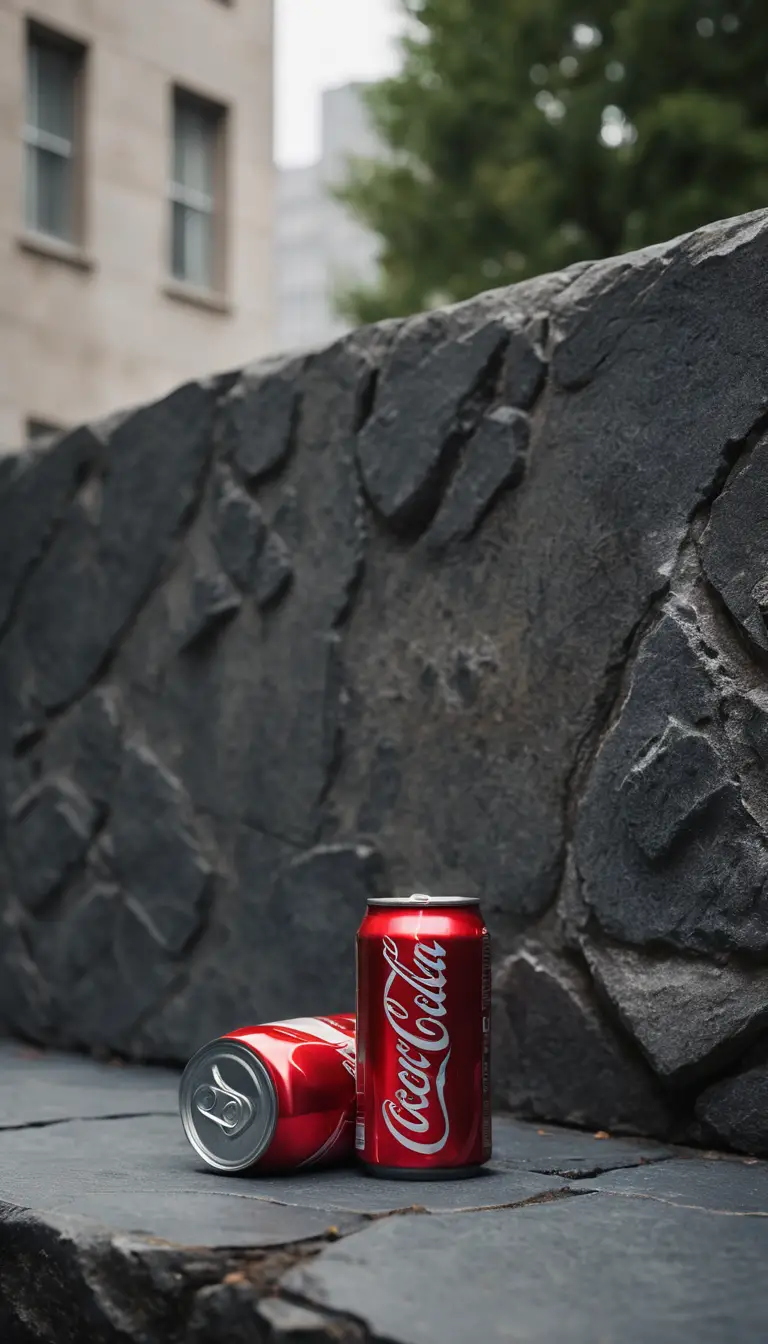 Red soda can on stone ledge in urban daylight scene