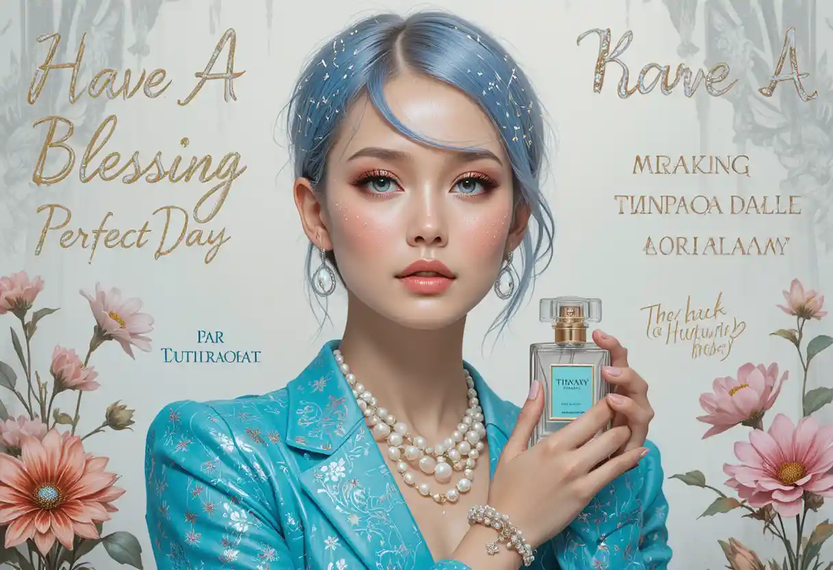 Femme élégante en bleu tenant un flacon de parfum Tiffany