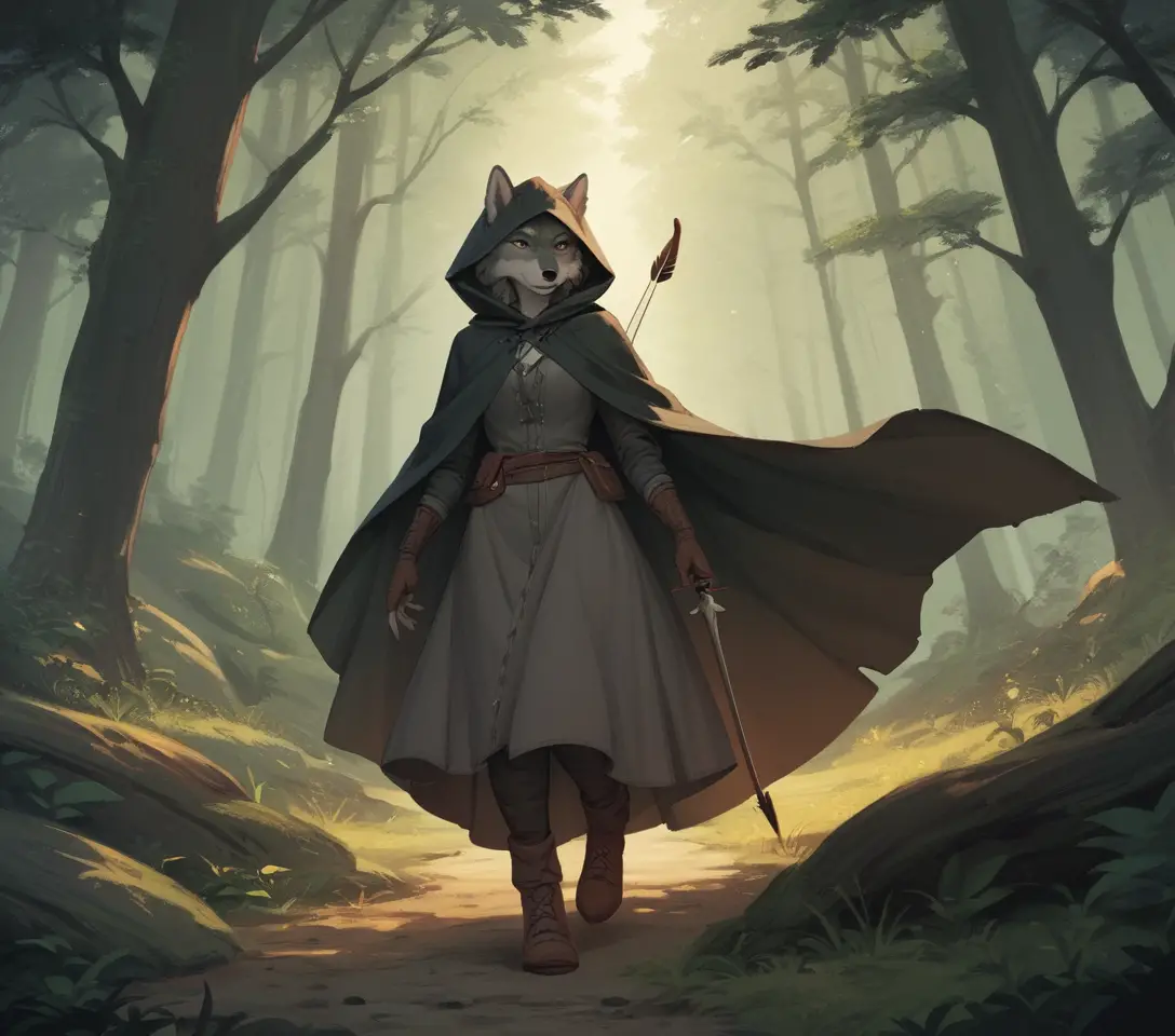 Anthropomorphic wolf archer aiming an arrow in the forest
