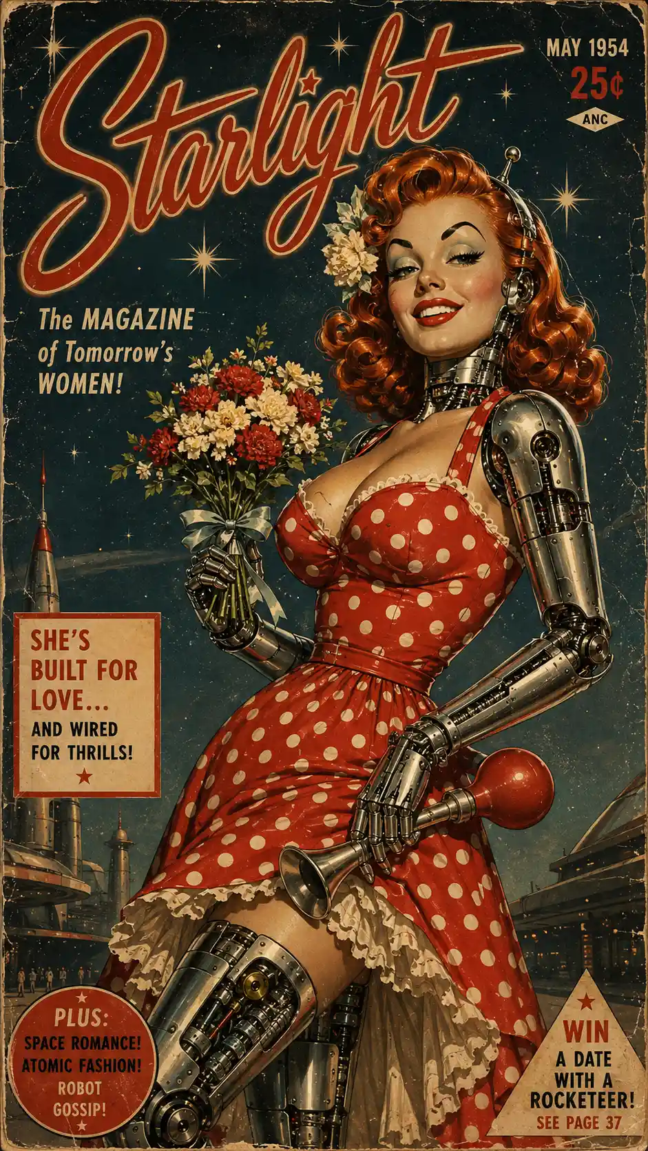 Retro sci fi pin up woman on vintage magazine cover