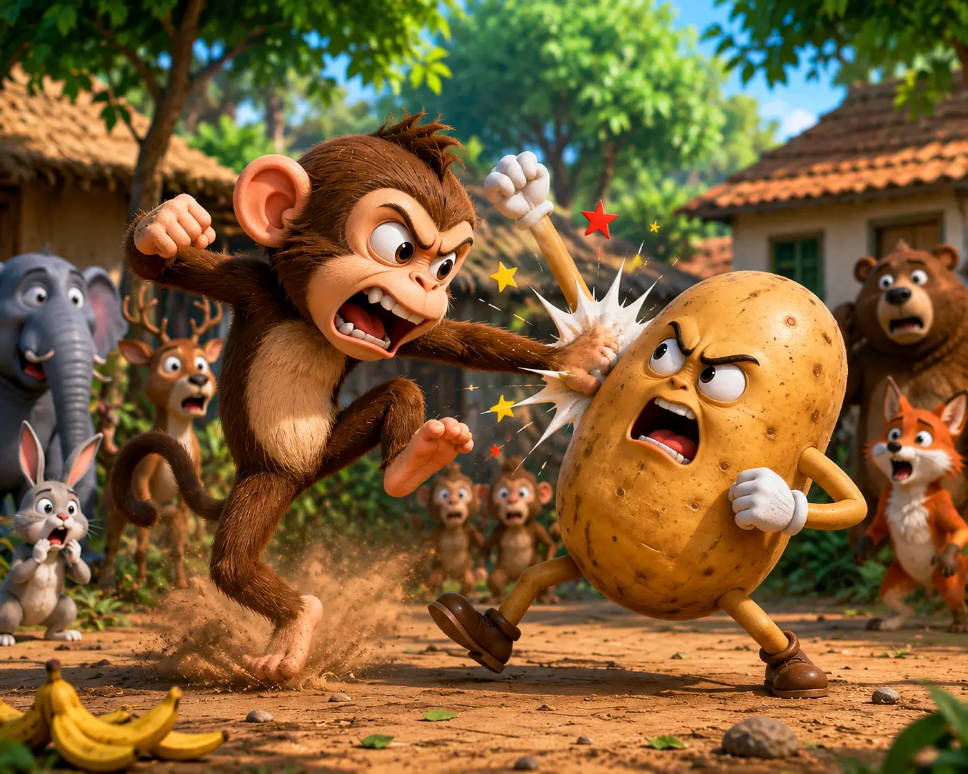 Playful 3D monkey arguing with a cheeky potato