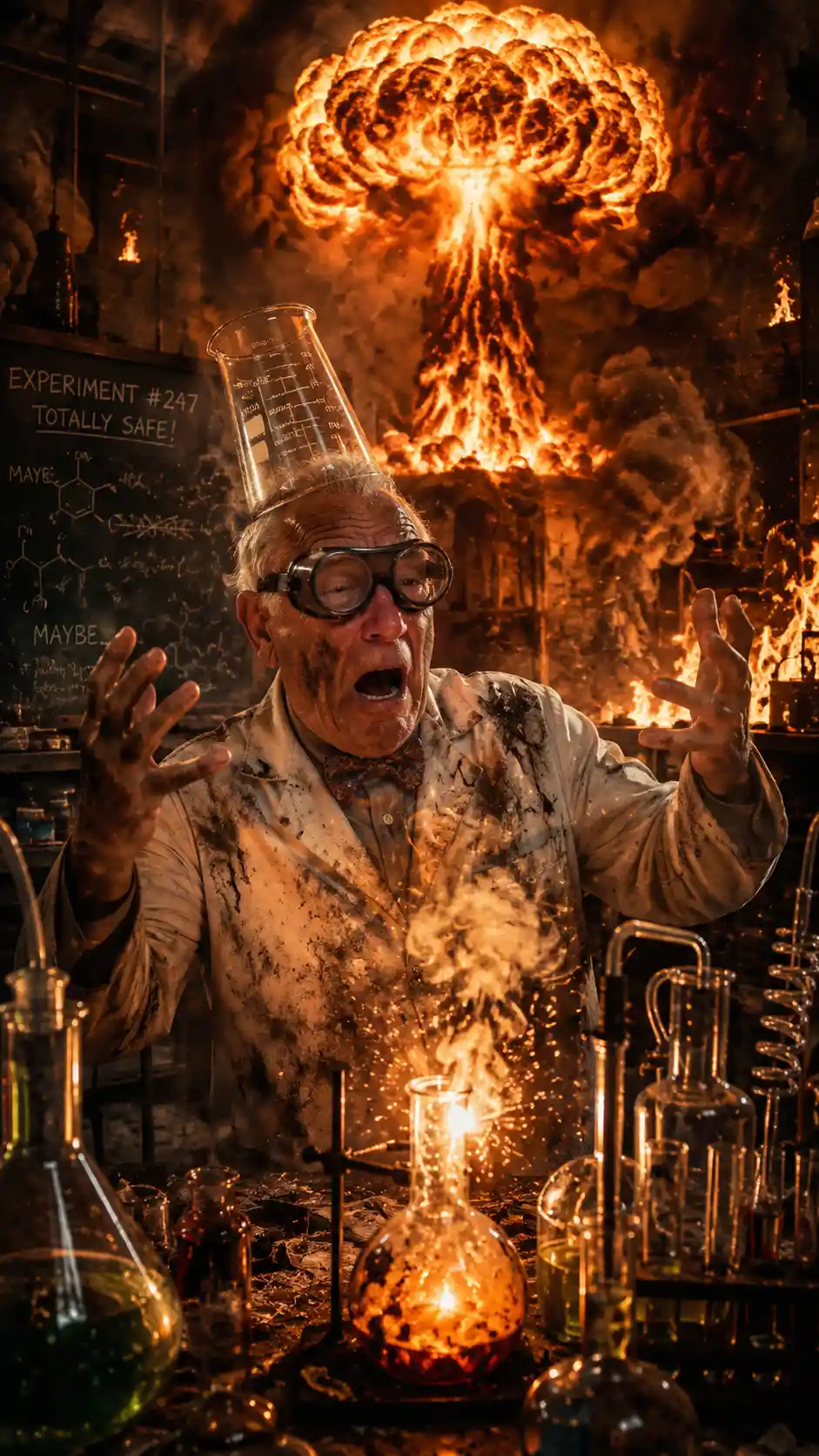 Mad scientist watching explosive chaos in dark laboratory