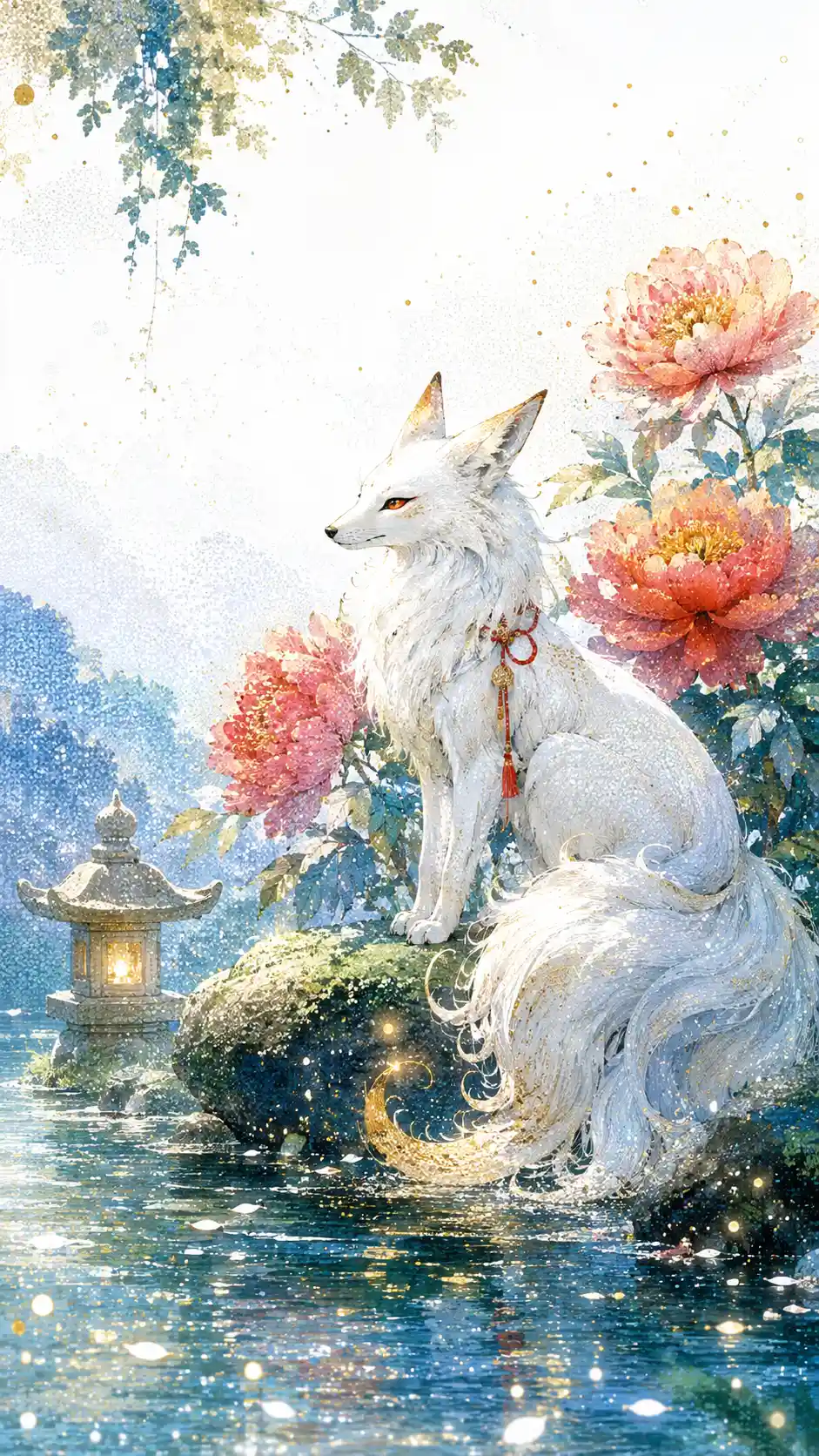 Luminous spirit fox with peonies in soft summer daylight