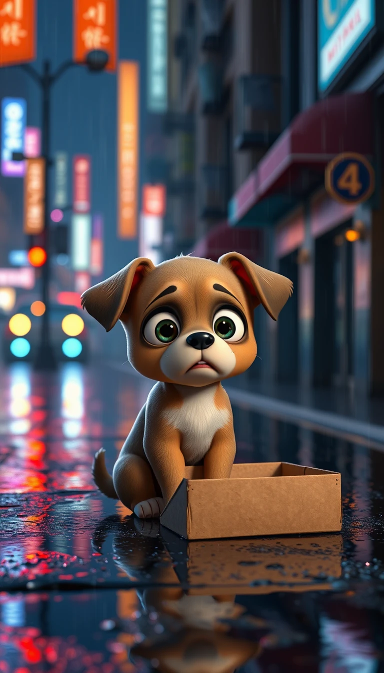 Lonely puppy on a rainy city street at night
