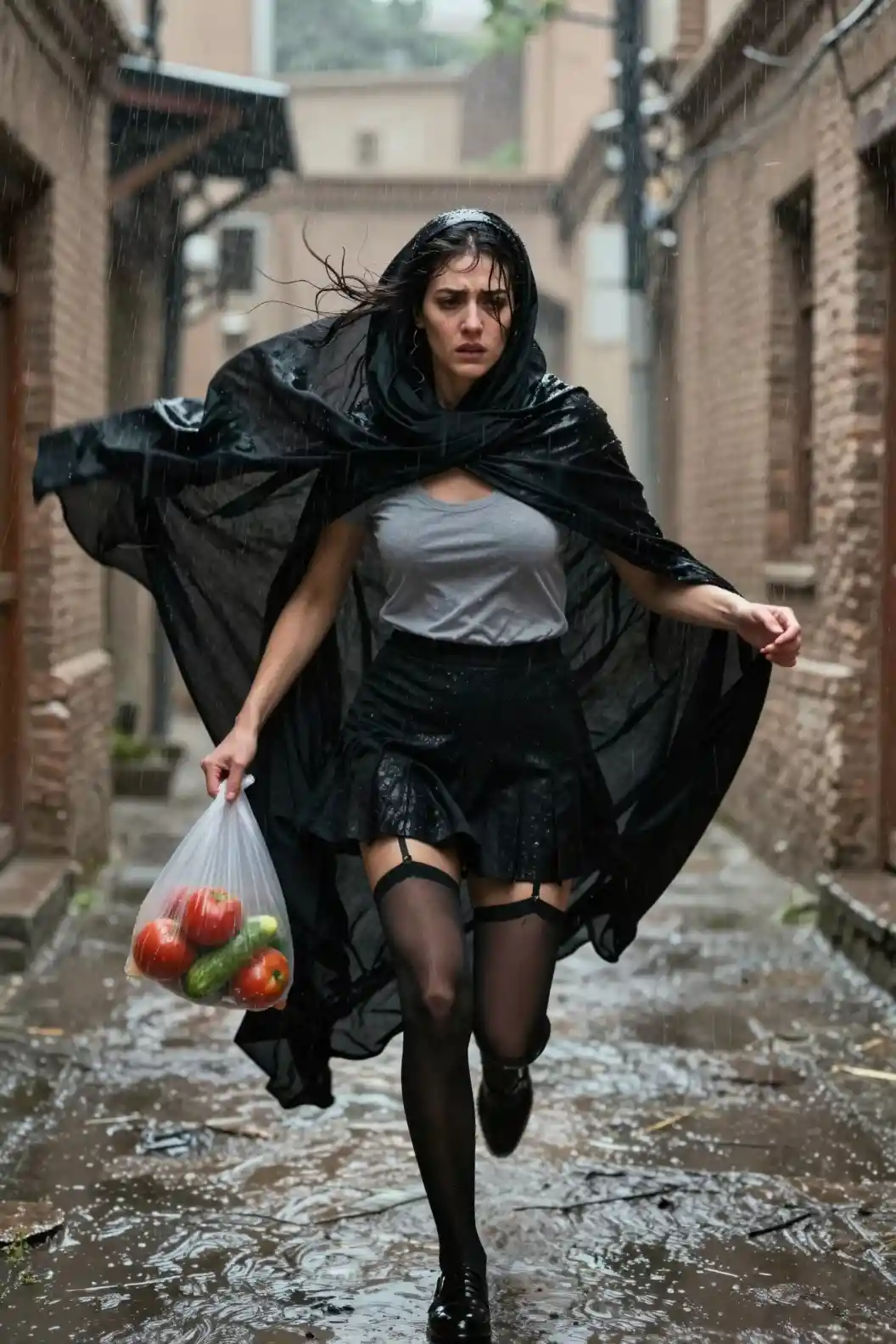 Woman running through rainy Iranian alley in chador