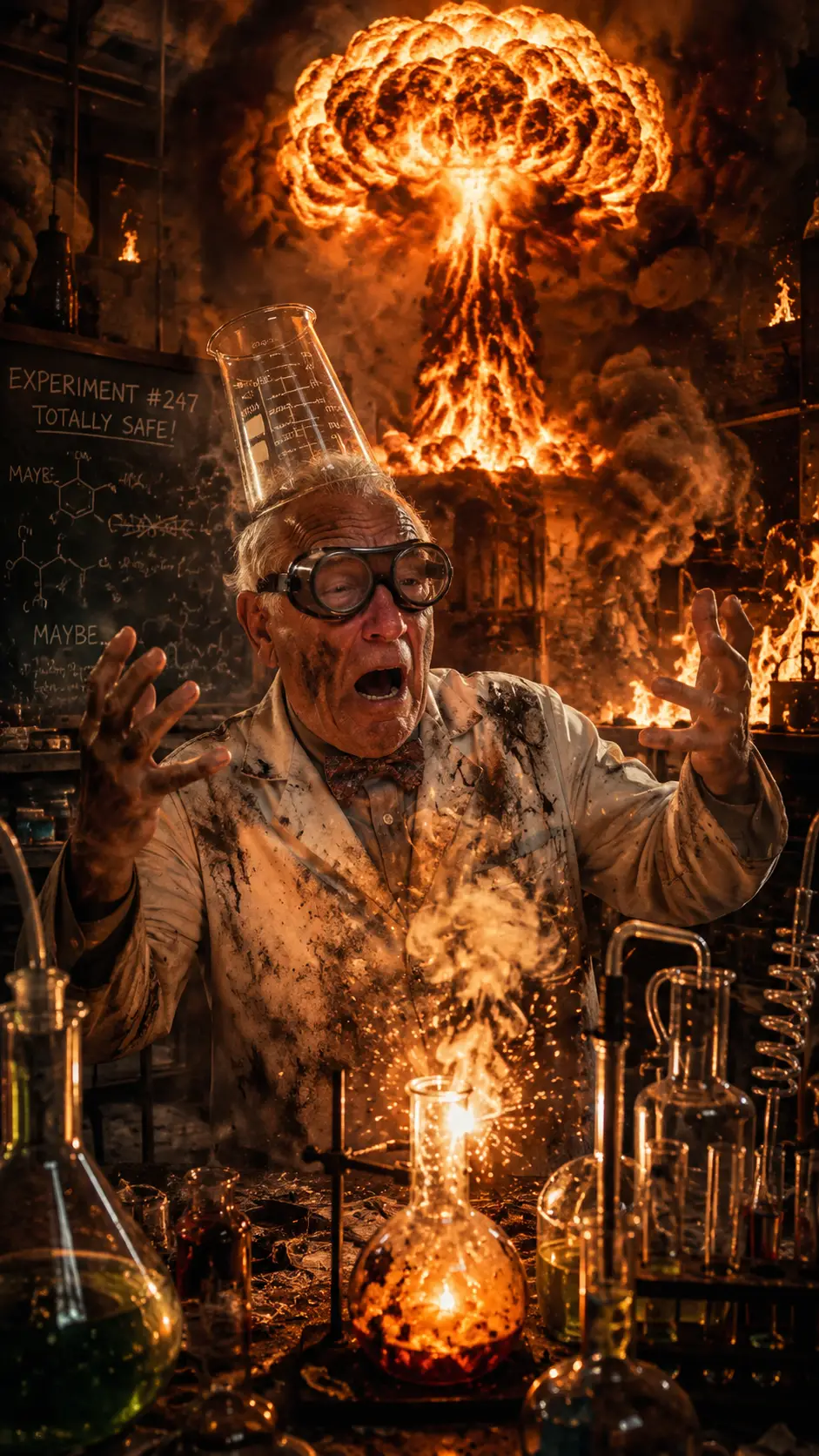 Mad scientist watching explosive chaos in dark laboratory