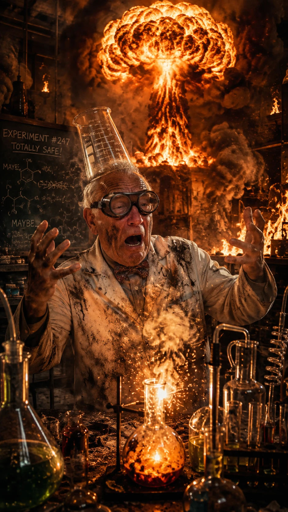 Mad scientist watching explosive chaos in dark laboratory