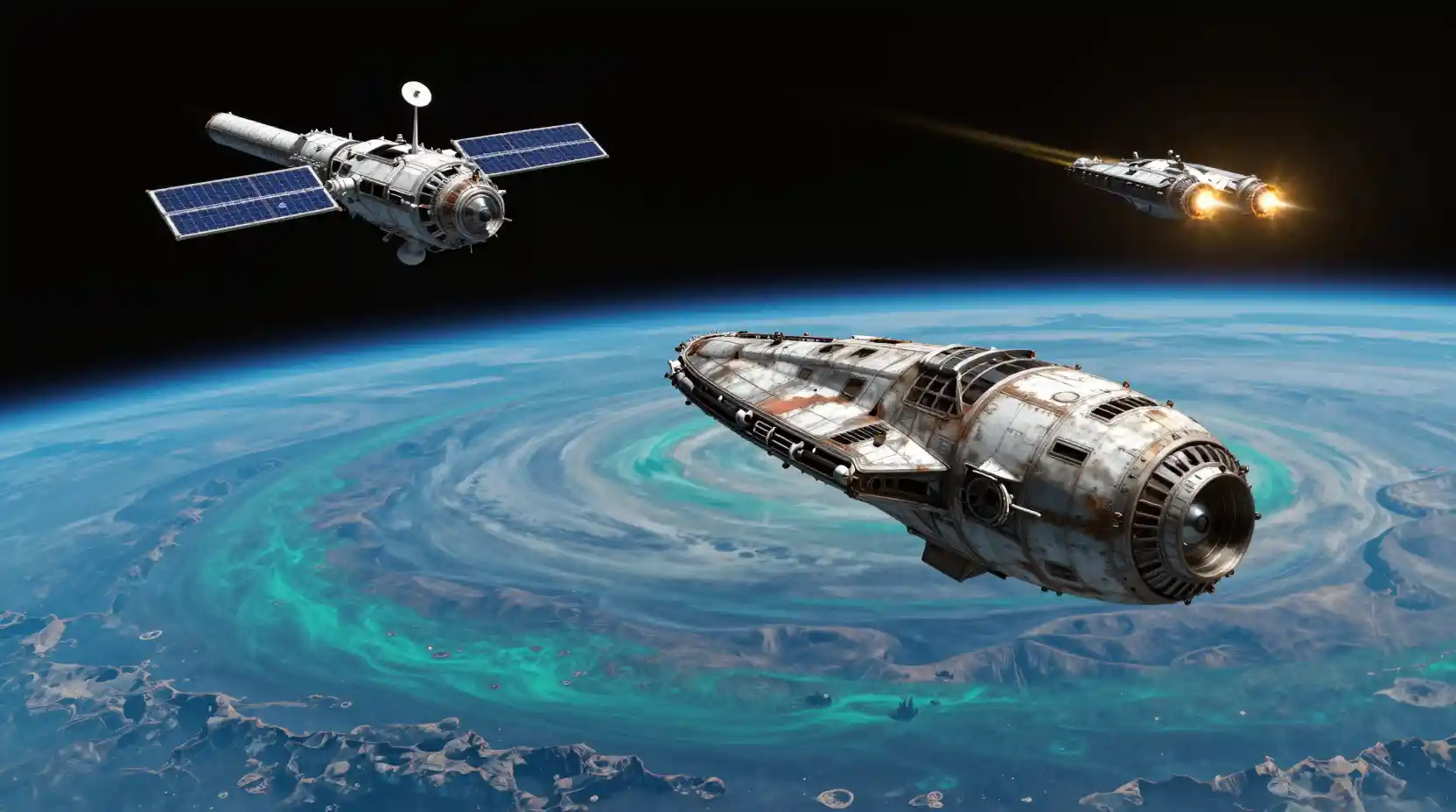 Battered spaceship racing toward a swirling alien planet