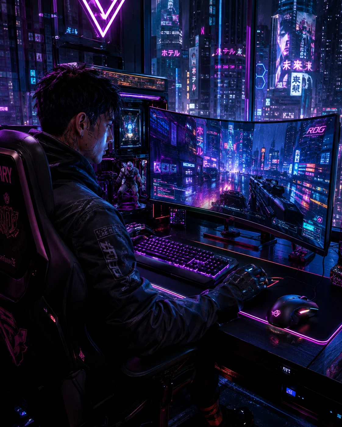 Cyberpunk gamer at neon lit ultrawide gaming setup