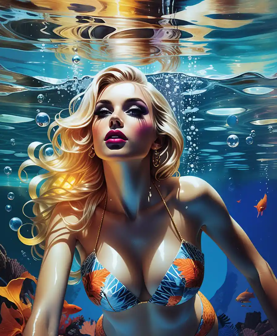 Blonde Woman In Bikini Floating In Ethereal Underwater Light
