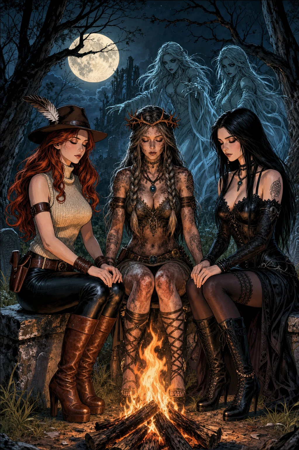 Women perform a dark ritual around a cemetery bonfire
