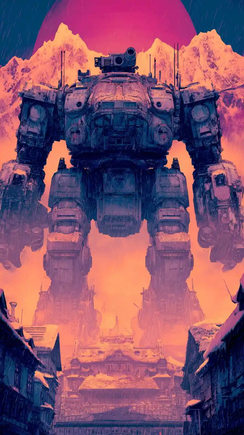 Arktischer Dieselpunk-Kampfmech vor einer Schneebasis im Gebirge