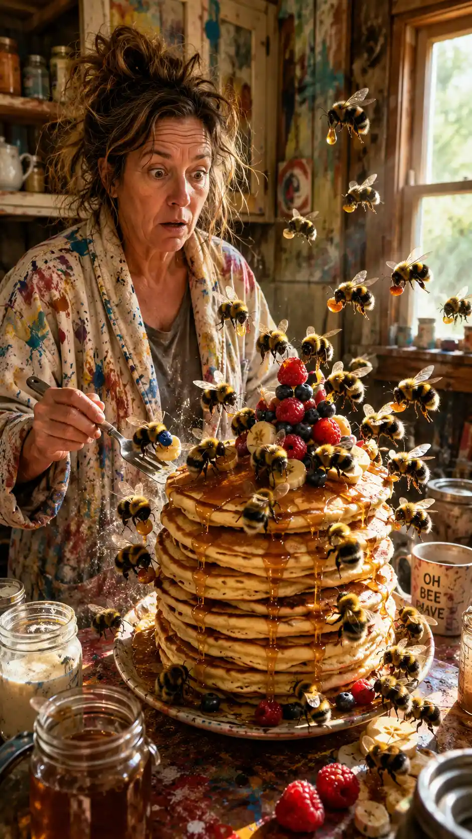 Artista sbalordita in una cucina osserva le api decorare i pancake