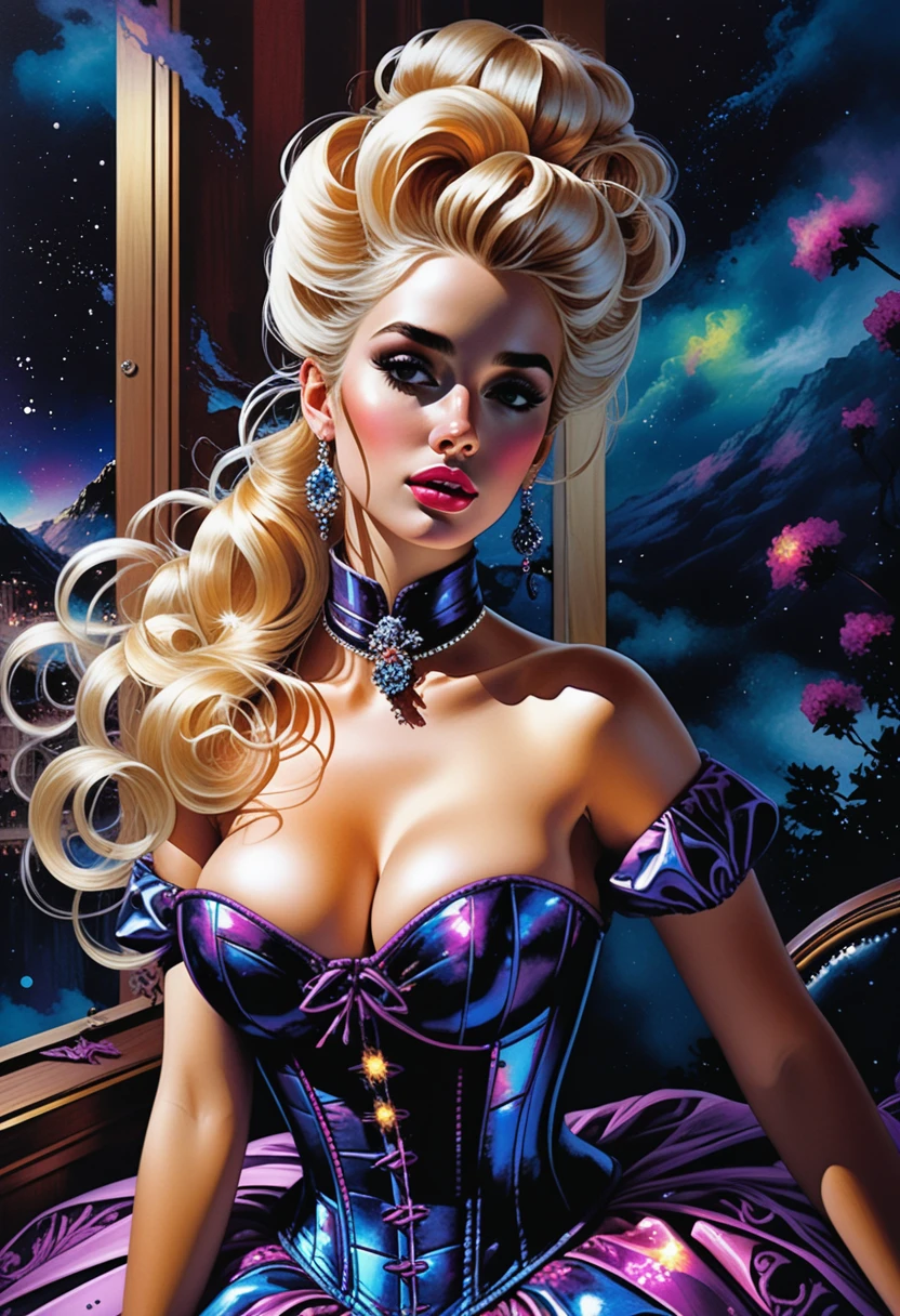 Fantasy courtesan in rococo corset in luxurious boudoir