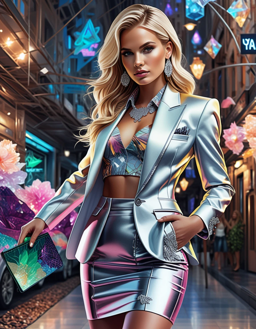 Blonde fashion model in neon accented Y2K business outfit