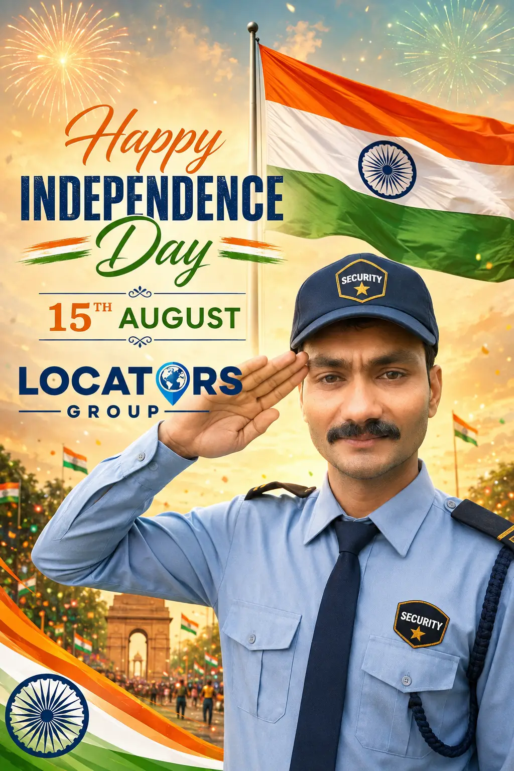 Indian security guard saluting flag on independence day poster