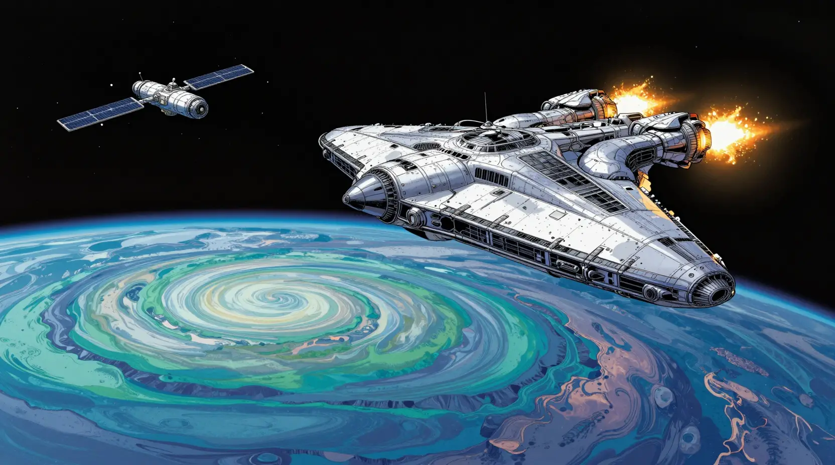 Majestic spaceship racing toward a swirling alien world