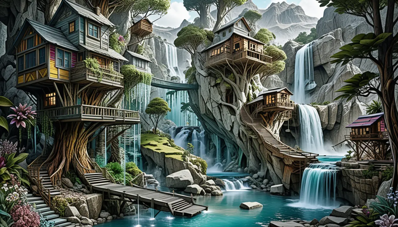 Colorful fantasy treehouse village in a lush forest