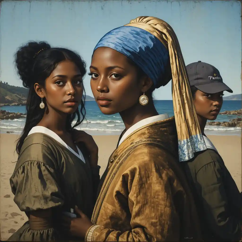 Dutch girl with two mixed race girls on a sandy beach