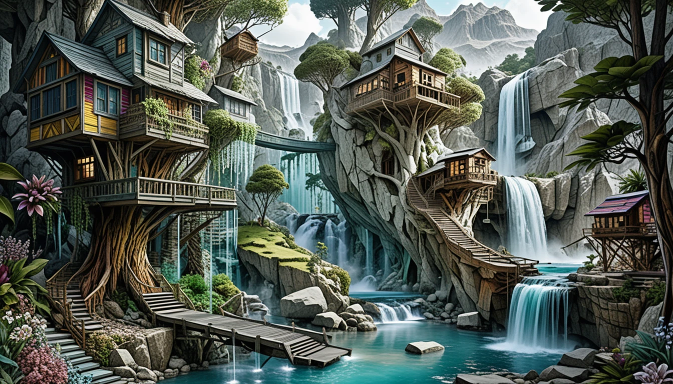 Colorful fantasy treehouse village in a lush forest