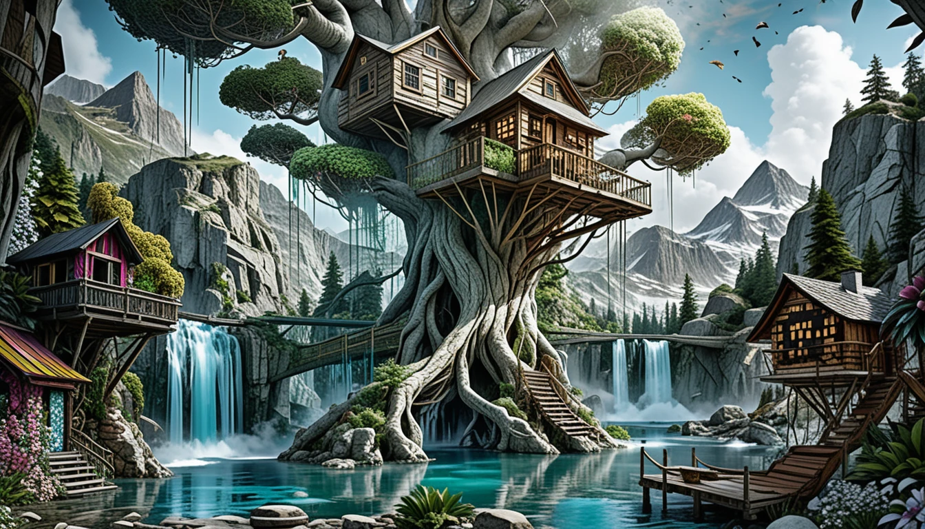 Colorful fantasy treehouse village with waterfall backdrop