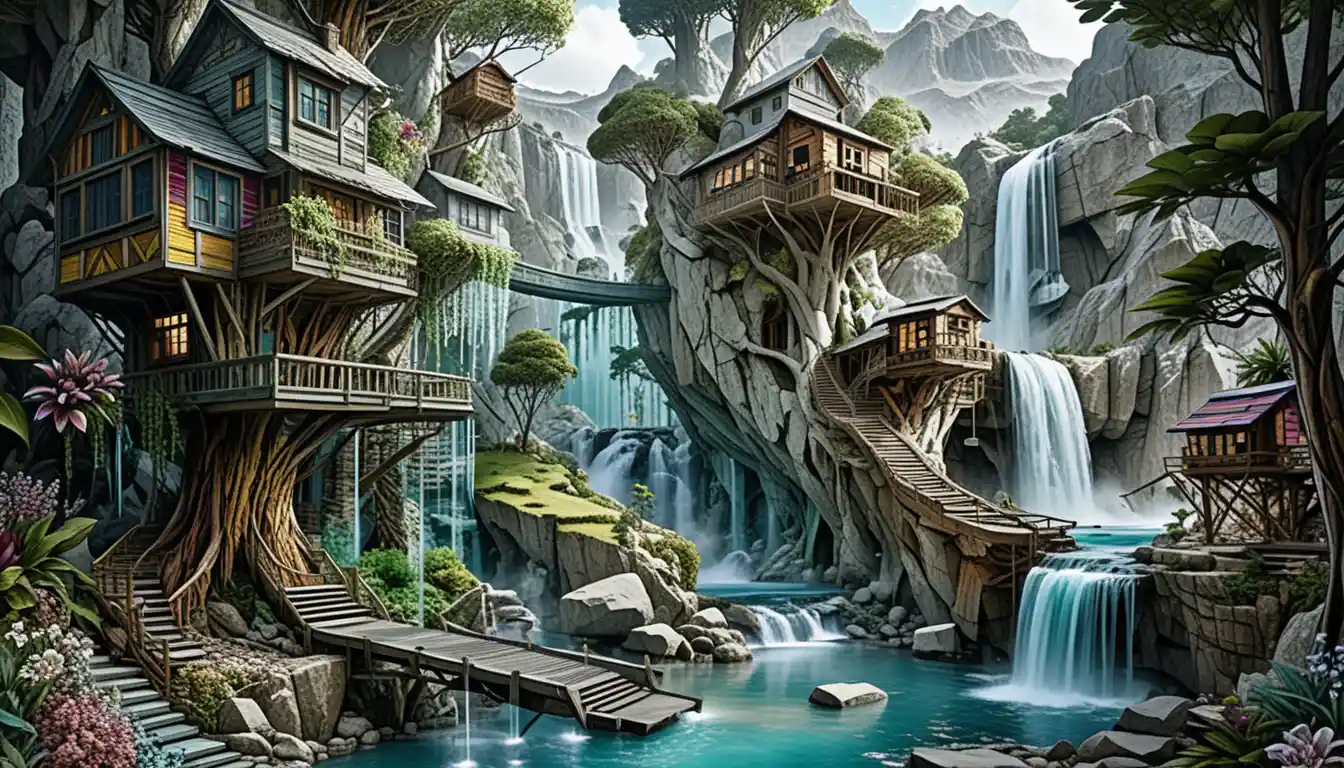 Colorful fantasy treehouse village in a lush forest