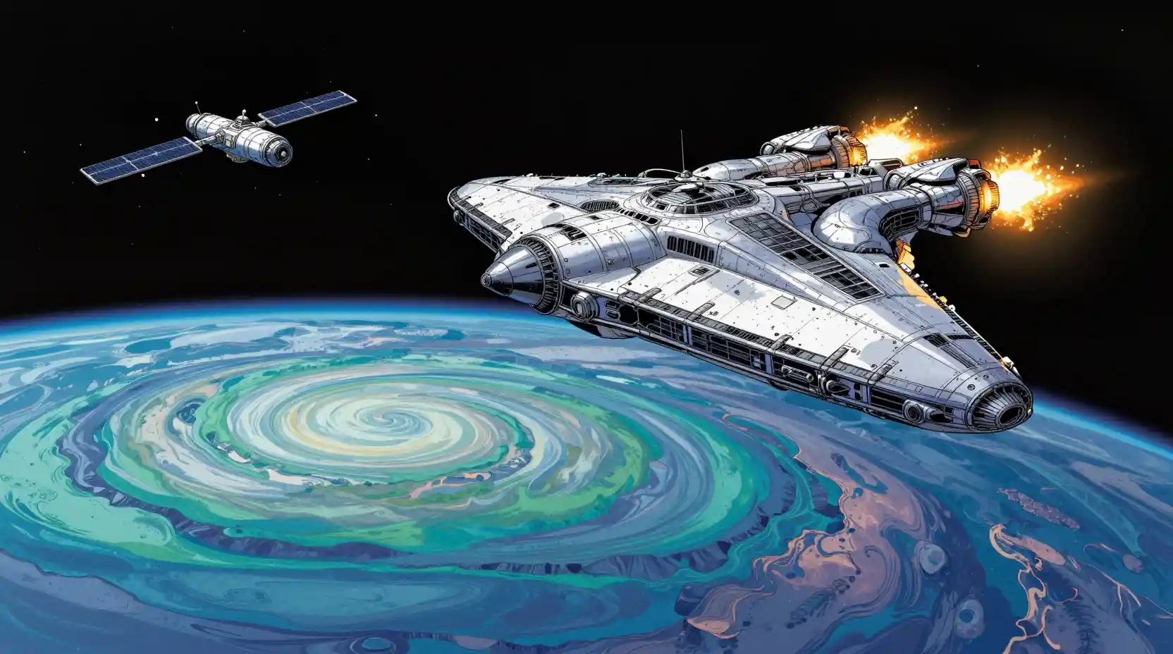Vaisseau spatial majestueux fonçant vers un monde alien tourbillonnant