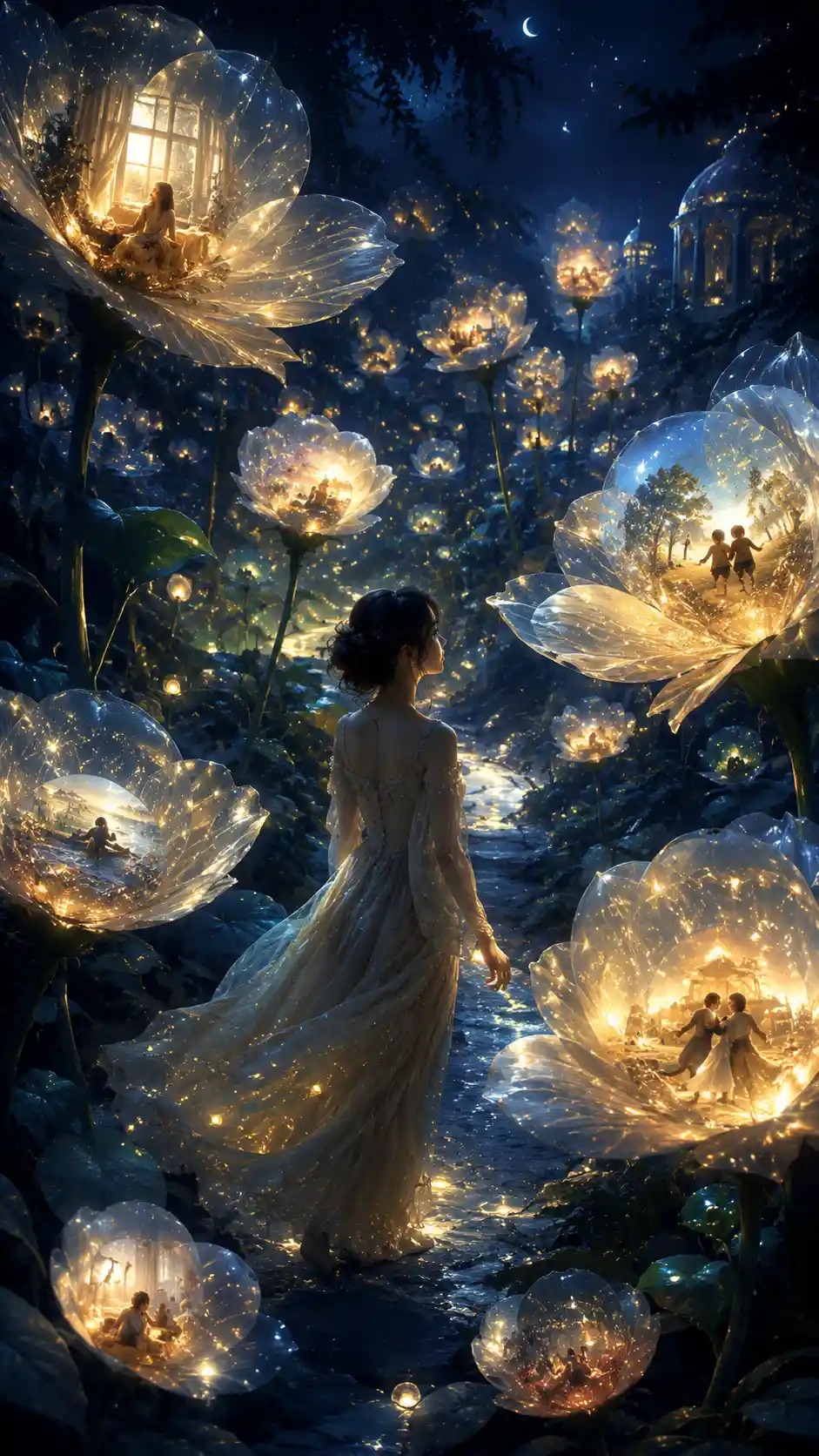 Mujer caminando por un jardín nocturno brillante y de ensueño