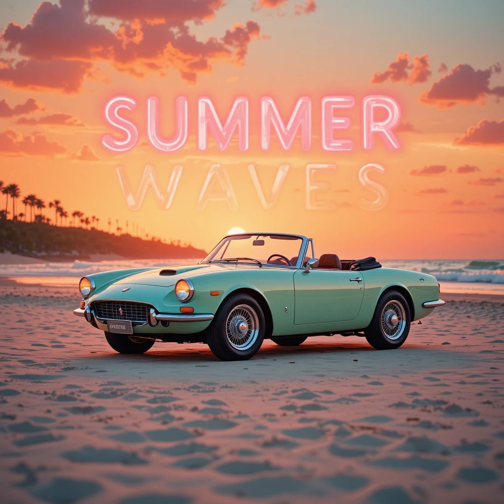 Vintage mint convertible on sunset beach with neon text