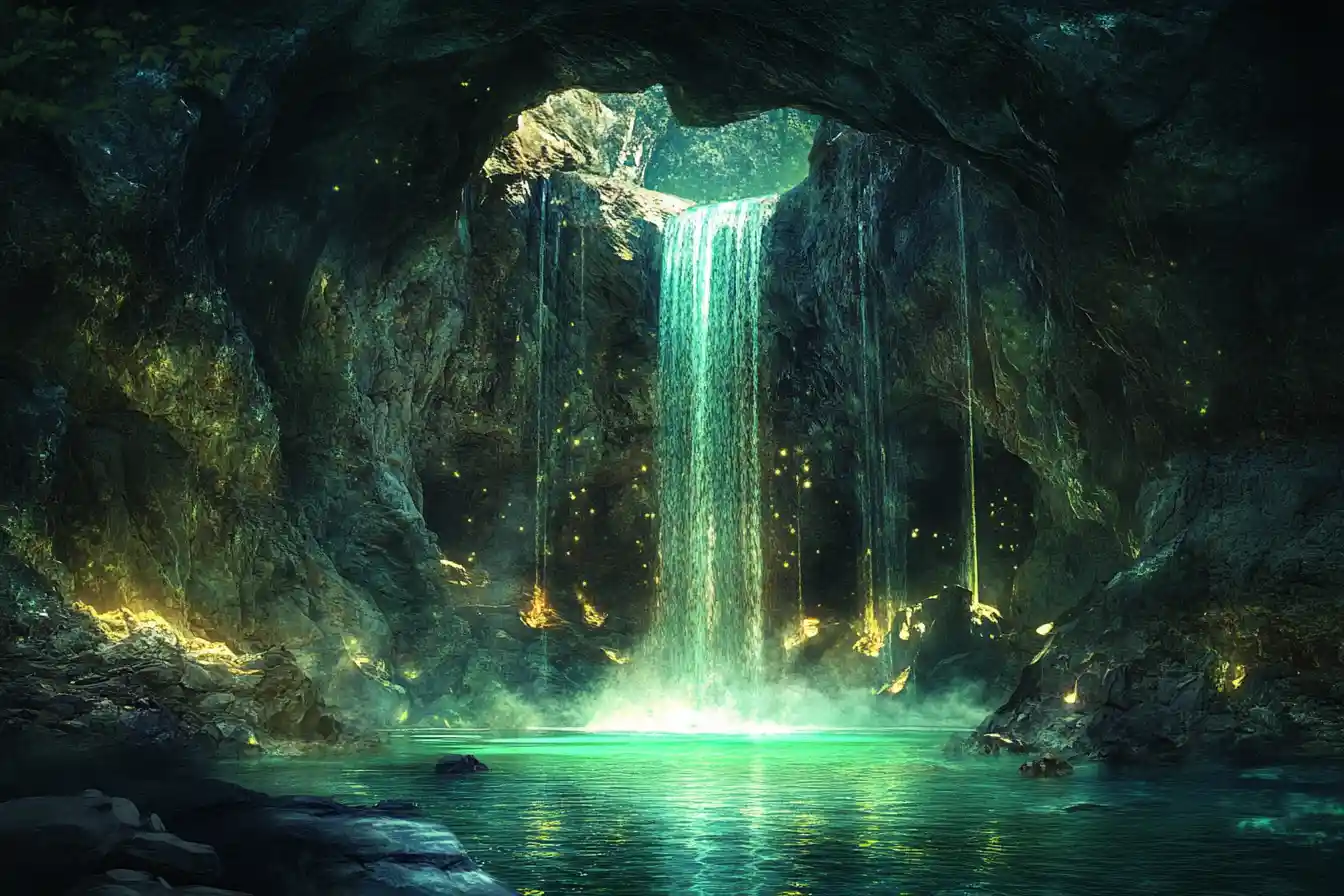 Mystical cave waterfall glowing over an emerald green lake