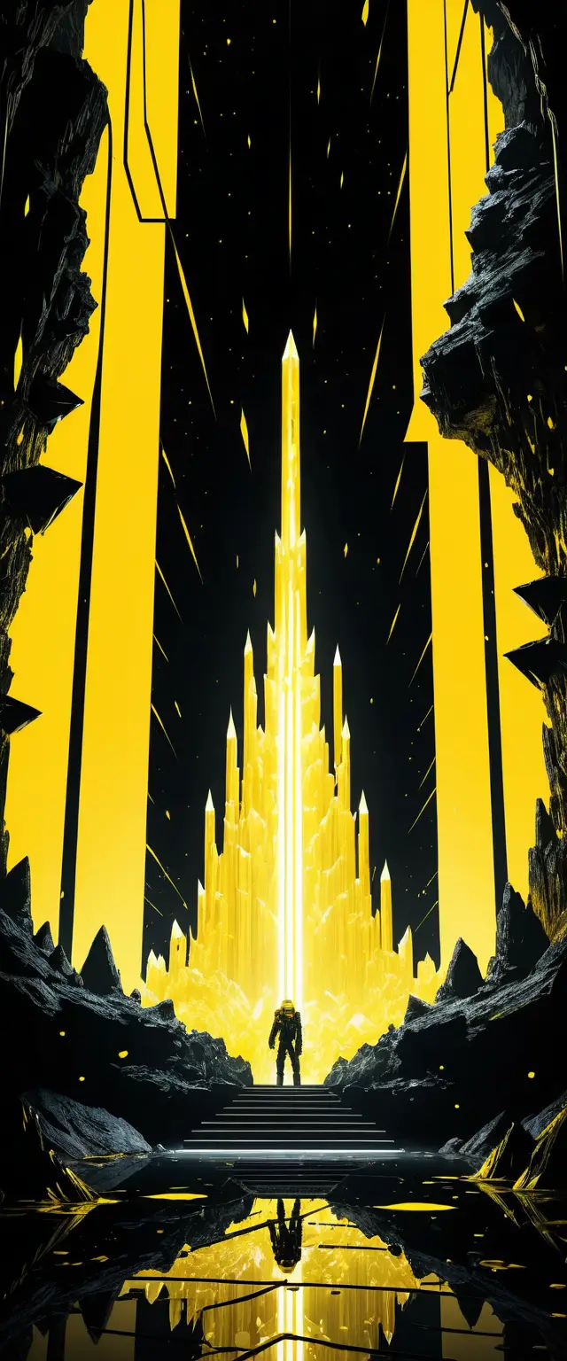 Futuristic crystal pillars rising inside a vast sci fi cave
