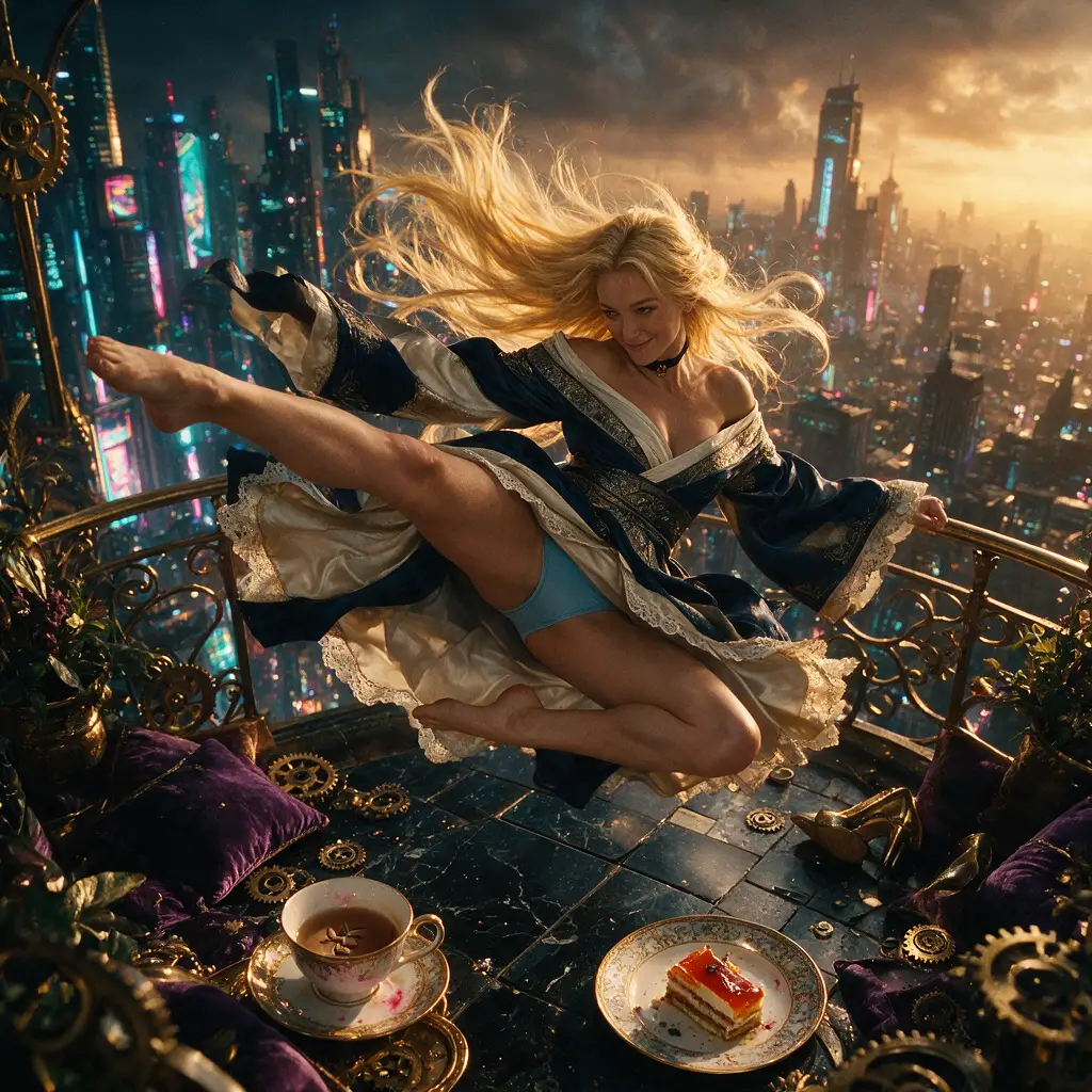 Princess performing aerial kick over neon cyberpunk city