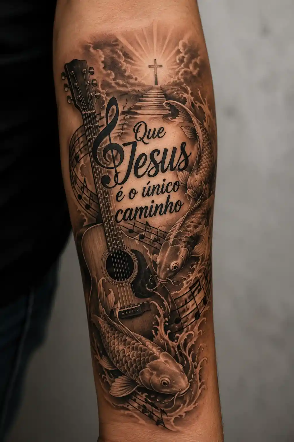 Arm tattoo design with jesus text koi fish and guitar