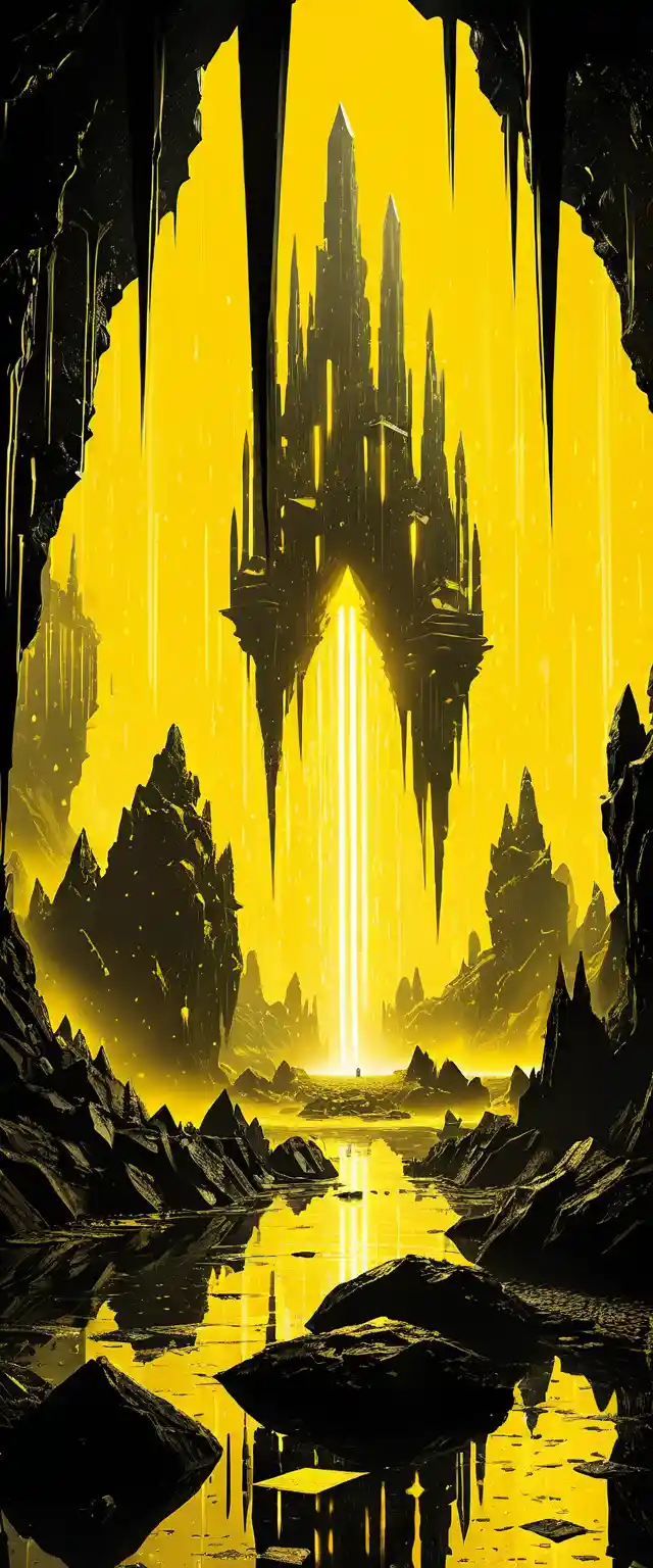 Rainy sci fi cave with glowing crystal pillars