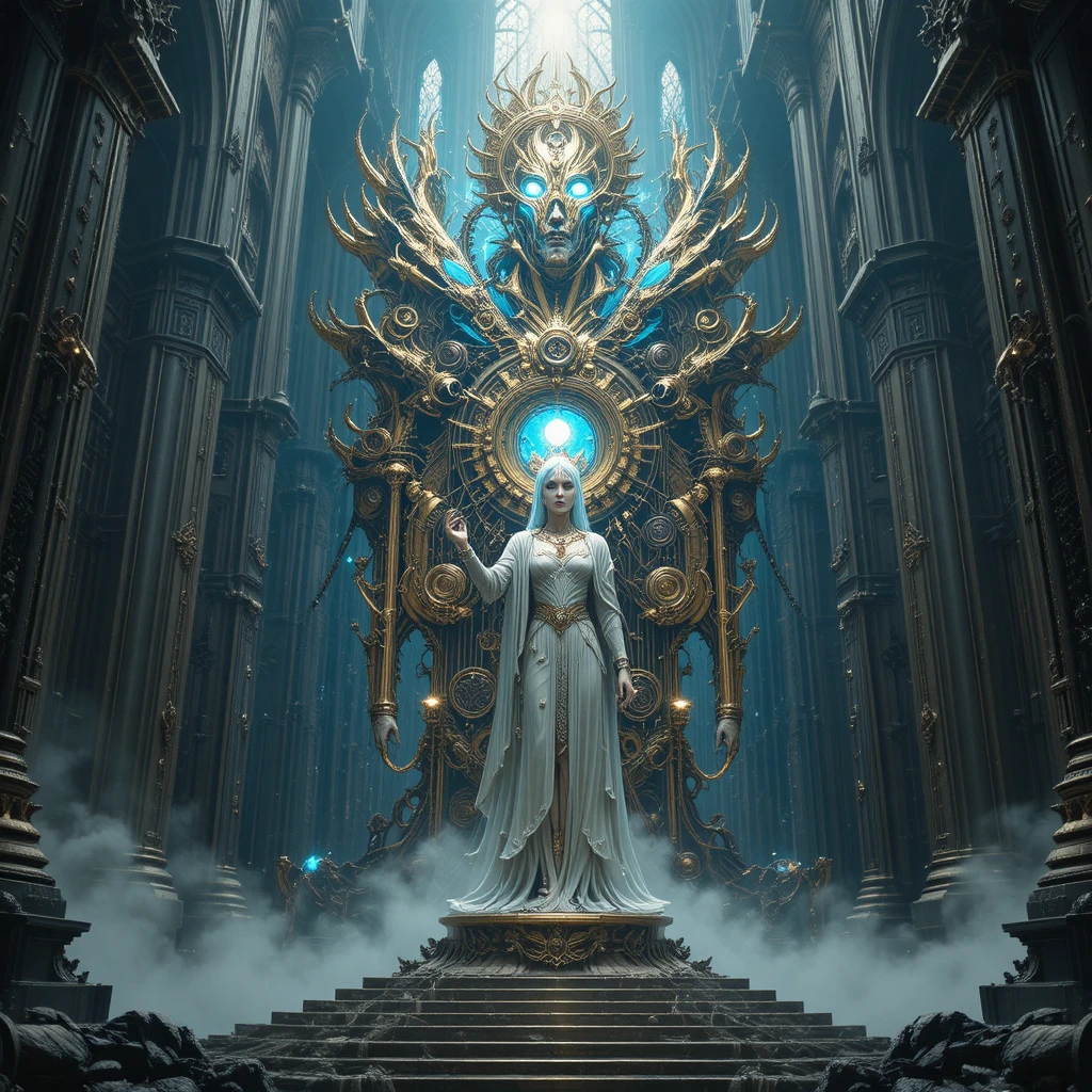 Mythic mechanical deity in a sacred techno gothic cathedral