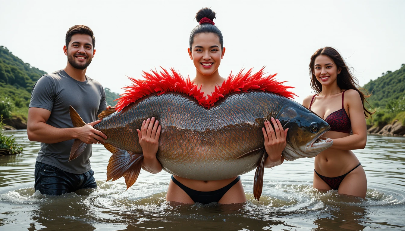 Friends holding a giant freshwater fish in a sunny river