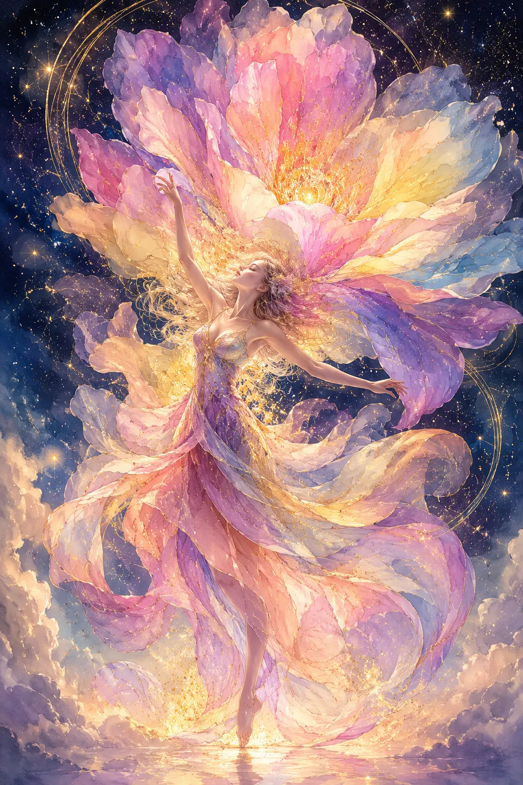Mystical woman dancing beneath a glowing starry night sky