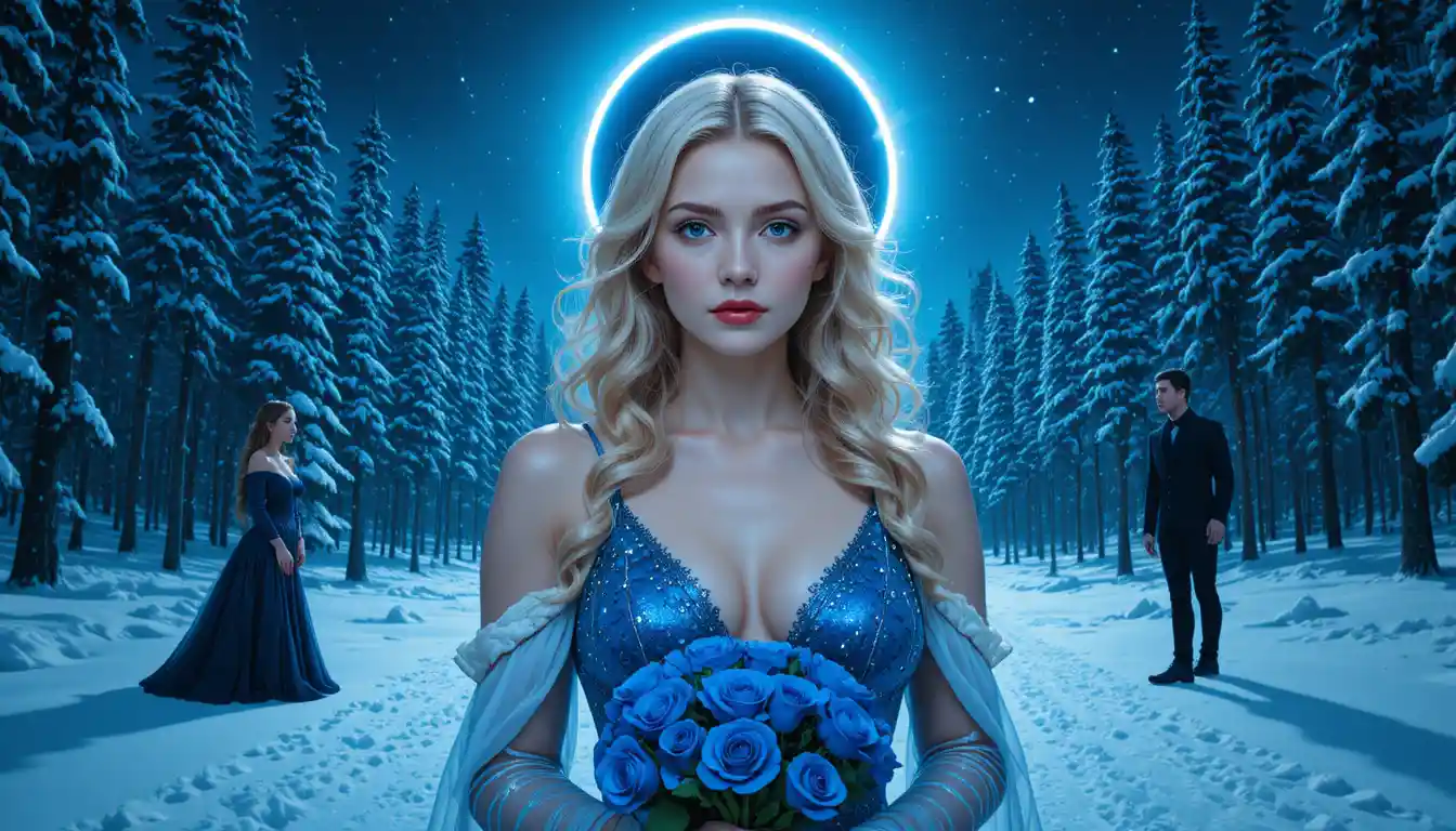 Elegant blonde woman in blue evening gown with blue roses
