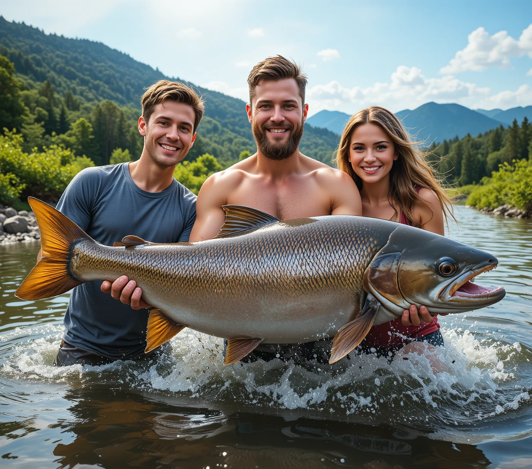 Friends holding a giant fish in a sunny river