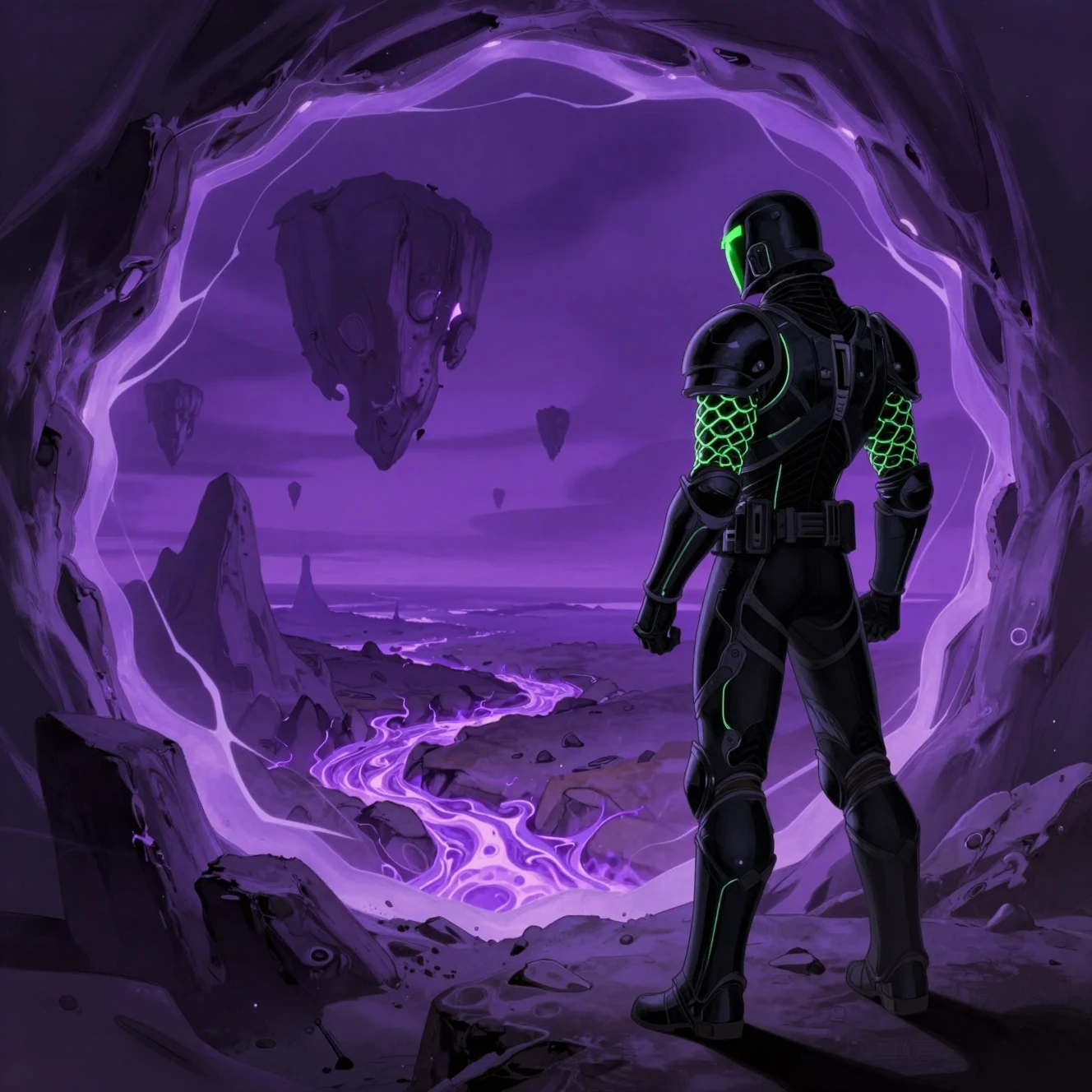 Armored man enters purple portal into chaotic world