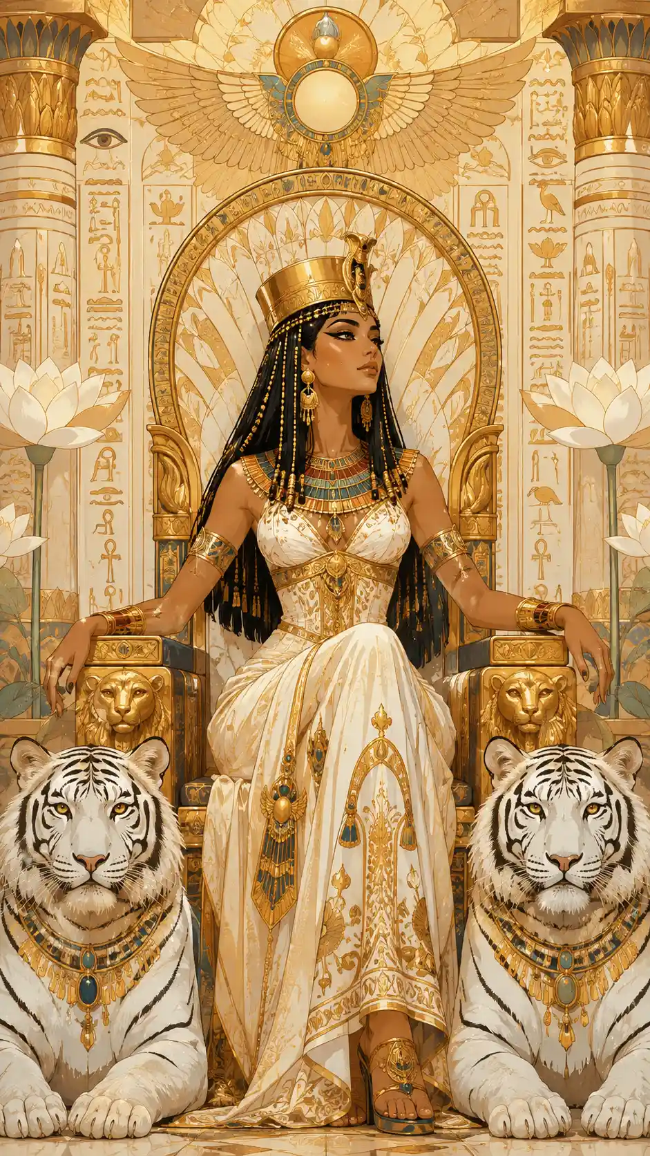 Egyptian queen on a golden throne with white tigers